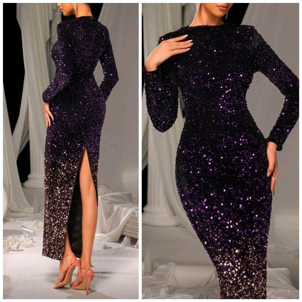 New Luxe Sequin Long Dress Gown Fitted Long Sleeve Ombre Purple Gold